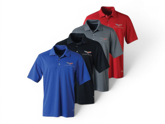 T-Top Vibes men's C6 Corvette Callaway performance polo shirts in blue, black, grey, and red with embroidered emblems.