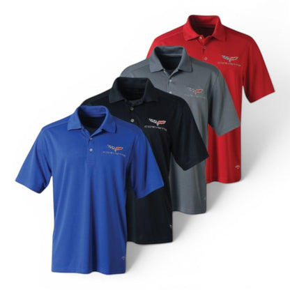 T-Top Vibes C6 Corvette Callaway performance polo shirts in blue, black, grey, and red with embroidered emblems.