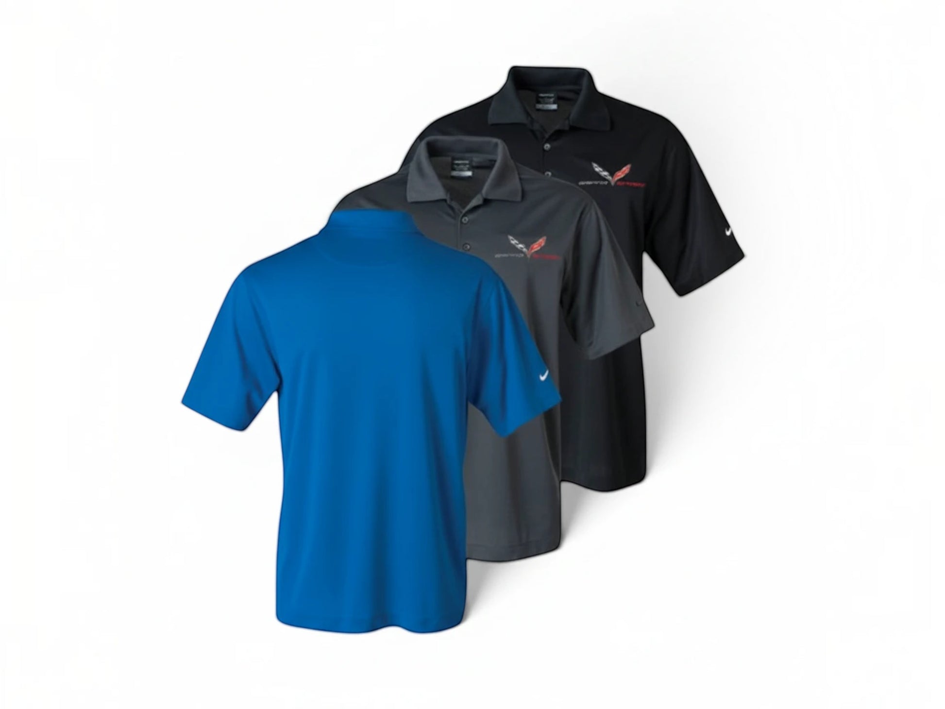 T-Top Vibes Nike Dri-FIT C7 Corvette Grand Sport polo shirts in blue, grey, and black with embroidered logos.
