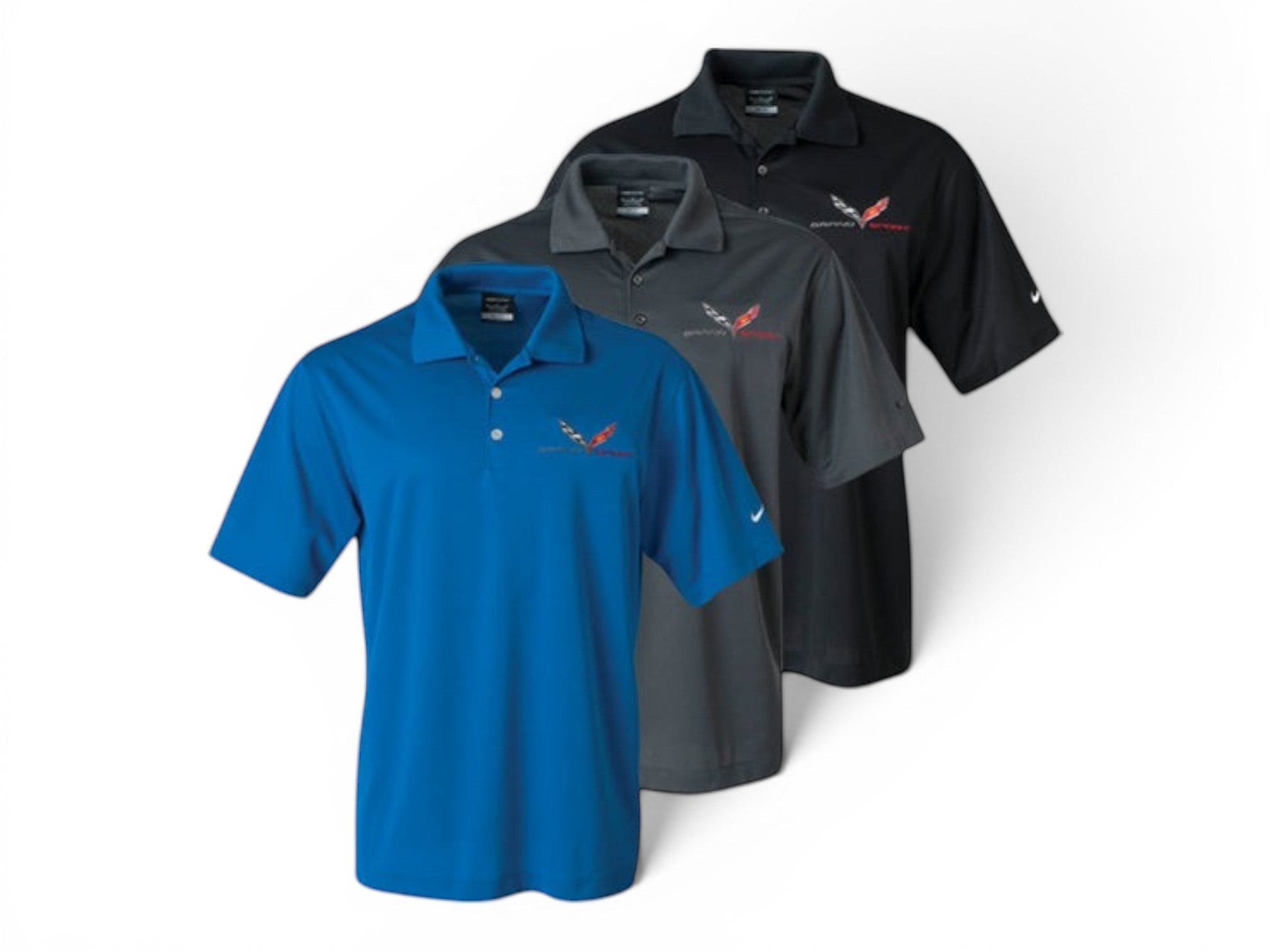 T-Top Vibes Nike Dri-FIT C7 Corvette Grand Sport polo shirts in blue, grey, and black with embroidered logos.