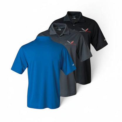 T-Top Vibes Nike Dri-FIT C7 Corvette Grand Sport polo shirts in blue, grey, and black with embroidered logos.