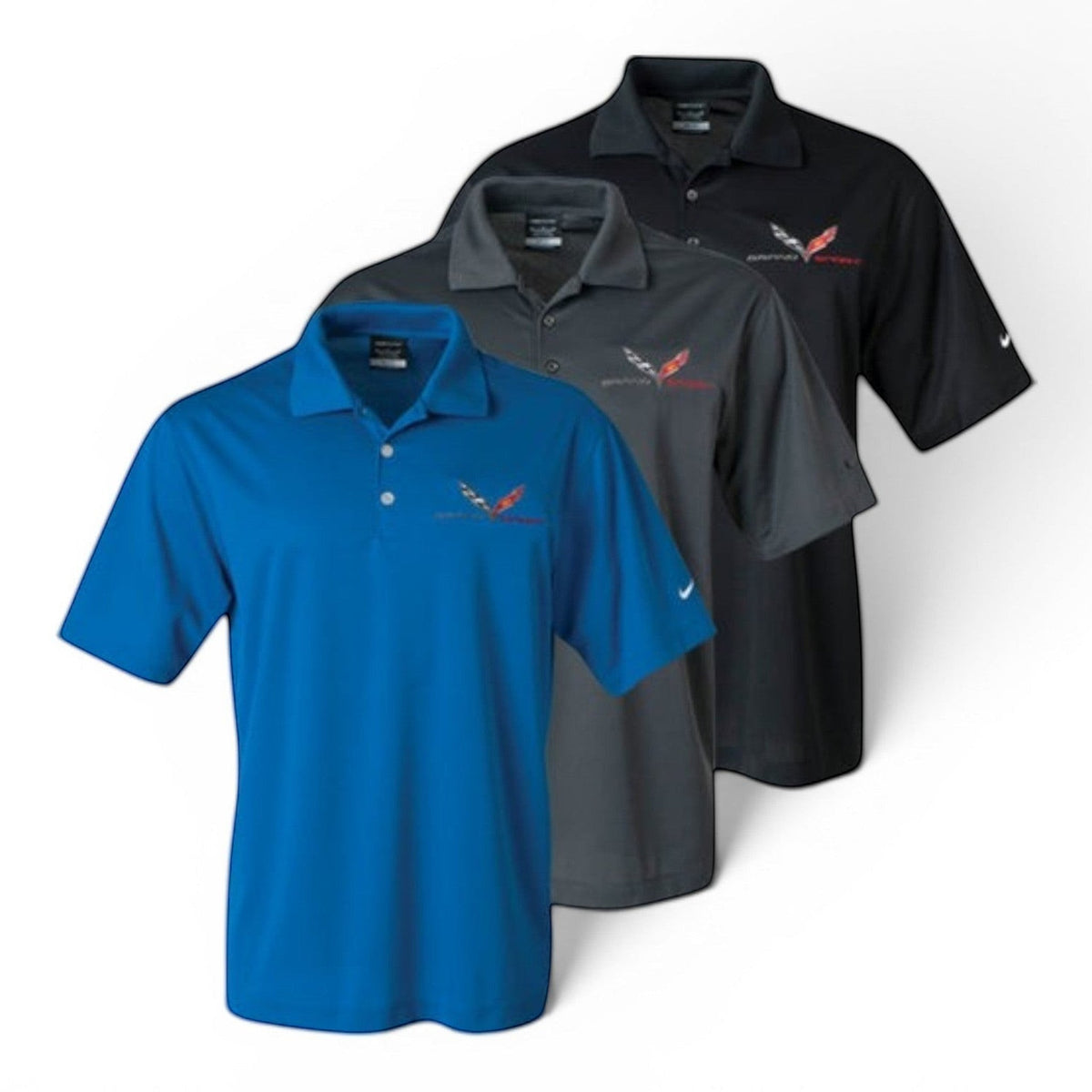 T-Top Vibes Nike Dri-FIT C7 Corvette Grand Sport polo shirts in blue, grey, and black with embroidered logos.