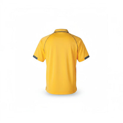 Back view of T-Top Vibes Corvette C7 racing polo in gold and graphite with raglan sleeves and banded cuffs.