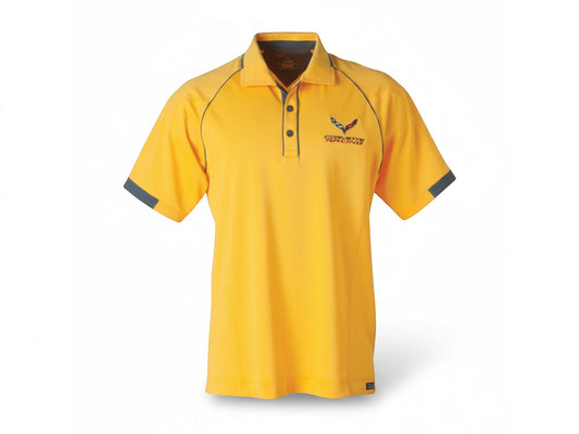 T-Top Vibes Corvette C7 racing polo in gold and graphite with embroidered chest emblem and performance stretch fabric.