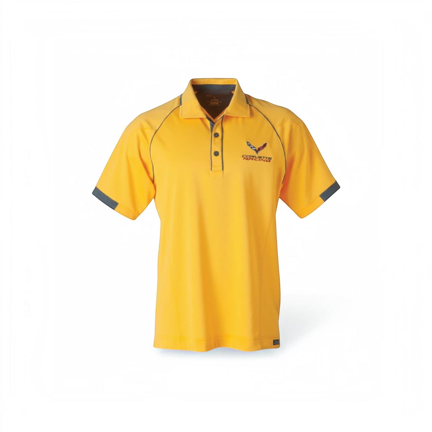 T-Top Vibes Corvette C7 racing polo in gold and graphite with embroidered chest emblem and performance stretch fabric.