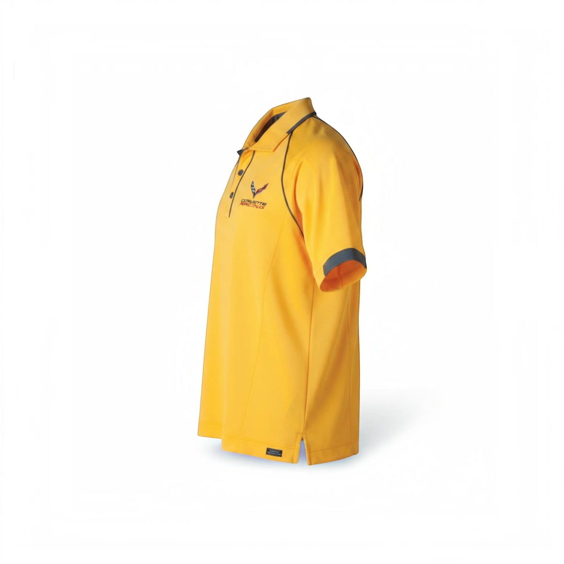 T-Top Vibes Corvette C7 racing polo in gold and graphite with embroidered chest emblem and raglan sleeve piping