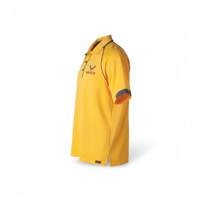 T-Top Vibes Corvette C7 racing polo in gold and graphite with embroidered chest emblem and raglan sleeve piping