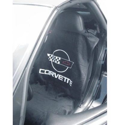 T-Top Vibes black Corvette C4 cotton car seat cover towel with official logo installed on a vehicle seat.