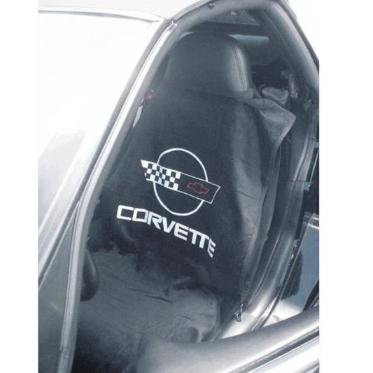 T-Top Vibes black Corvette C4 cotton car seat cover towel with official logo installed on a vehicle seat.