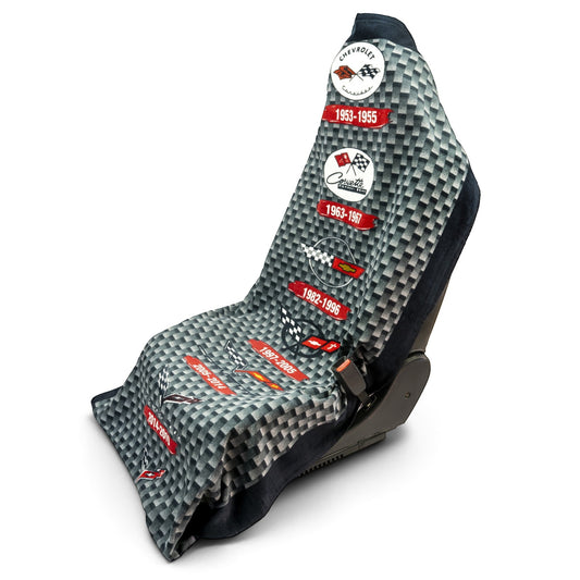 T-Top Vibes Corvette Generations seat cover towel with carbon fiber pattern and C1-C7 logos on a car seat