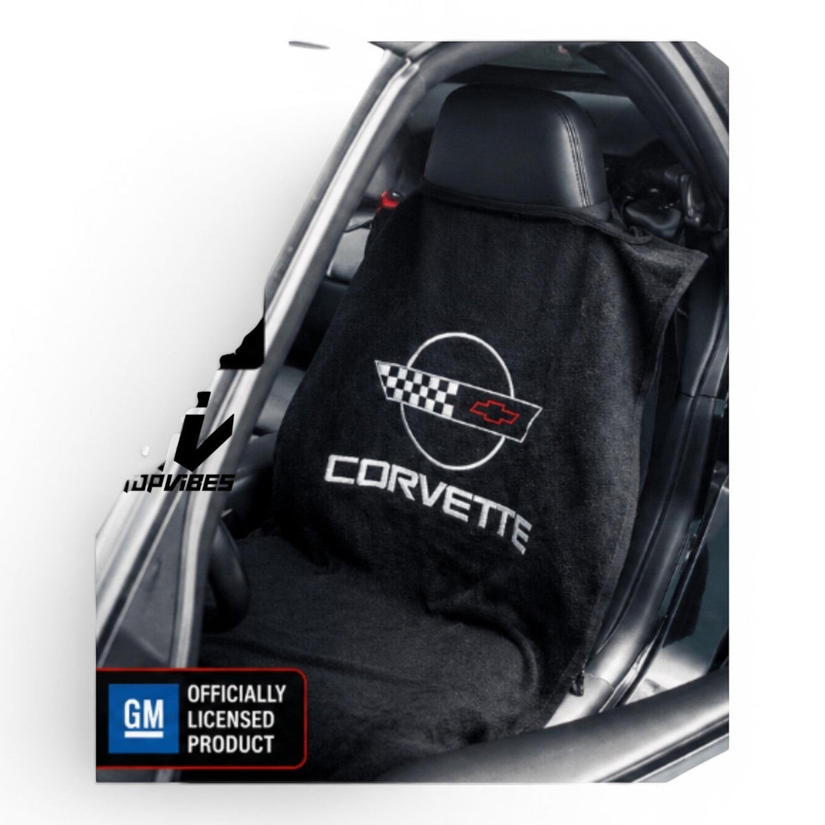 T-Top Vibes black cotton Corvette C4 car seat cover towel with official logo draped over a vehicle seat.