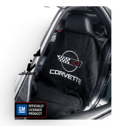 T-Top Vibes black cotton Corvette C4 car seat cover towel with official logo draped over a vehicle seat.