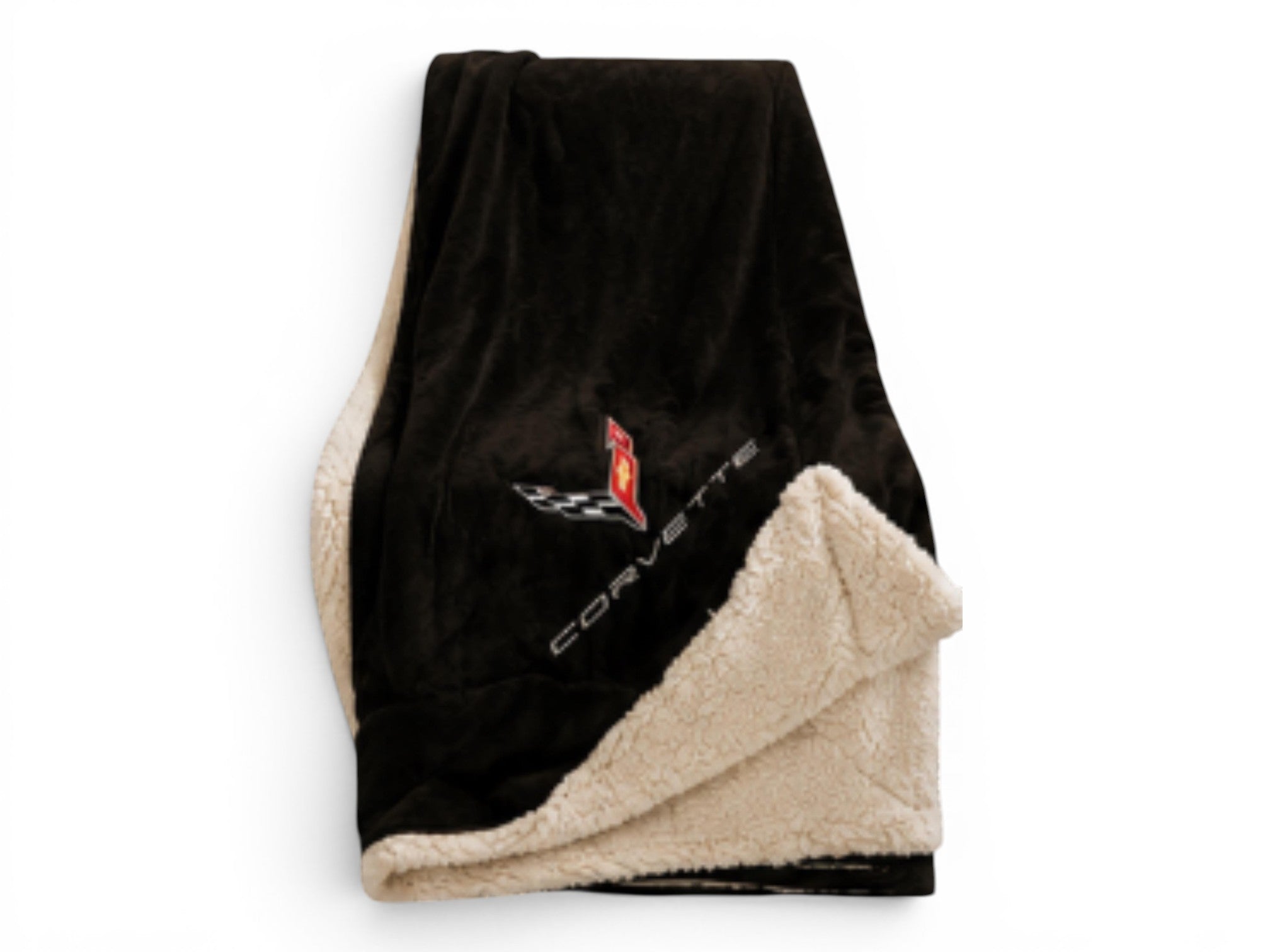 T-Top Vibes black plush Corvette throw blanket with embroidered logo and cream-colored faux sherpa fleece backing.