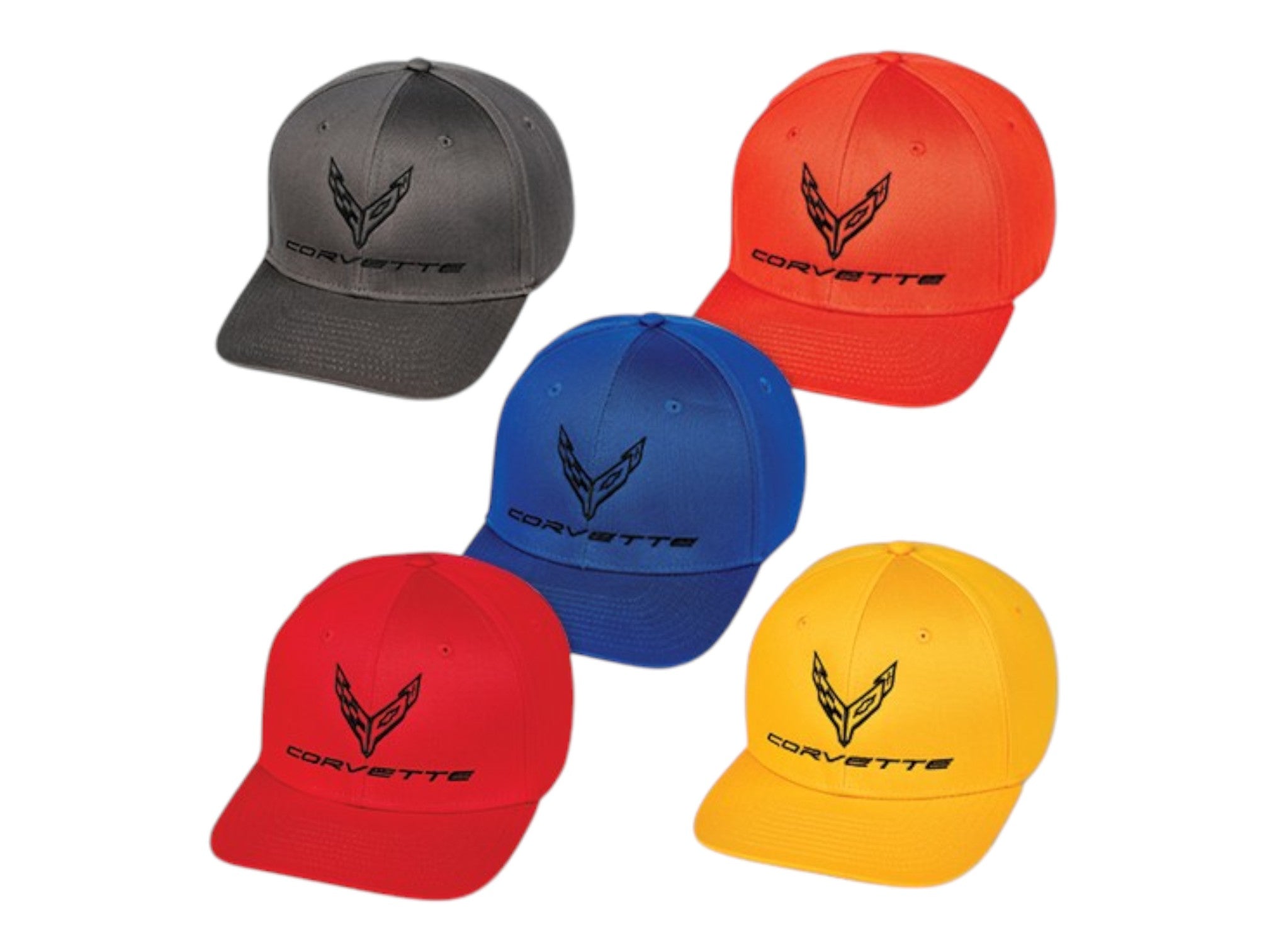 T-Top Vibes C8 Corvette snapback caps in charcoal, orange, royal blue, red, and gold with tonal flag logos.
