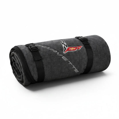 T-Top Vibes Corvette stadium blanket in charcoal grey with embroidered logo and black carrying straps