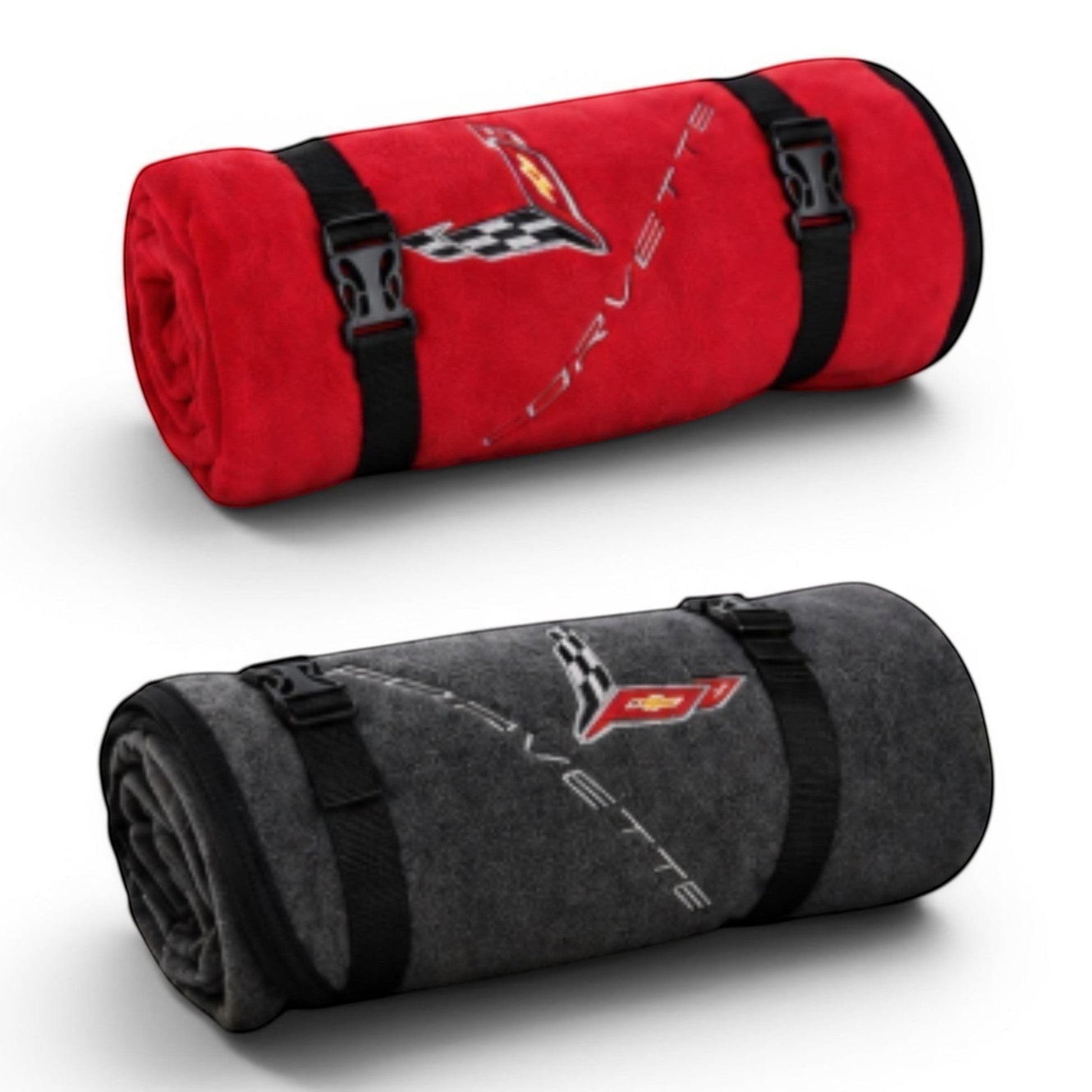 T-Top Vibes Corvette stadium blankets in red and charcoal, featuring soft polyester tops and integrated carry straps.