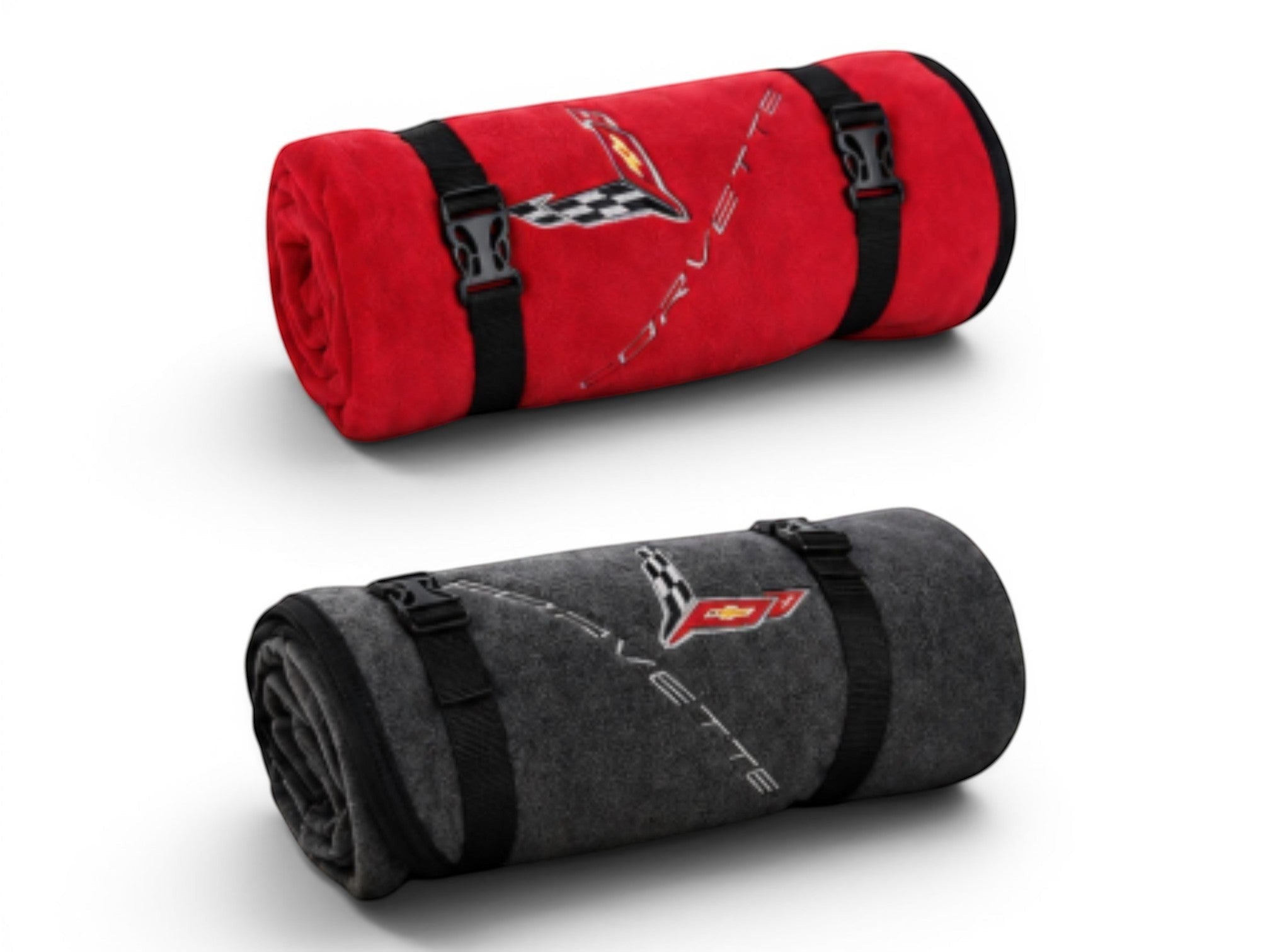 T-Top Vibes Corvette stadium blankets in red and charcoal, featuring soft polyester tops and integrated carry straps.
