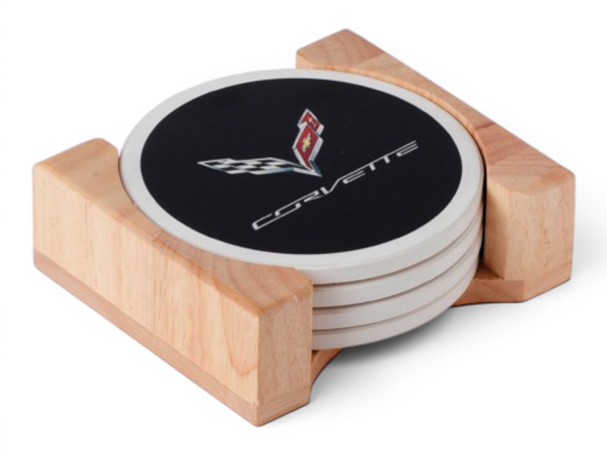 T-Top Vibes Corvette flag emblem round stone coaster set with natural wood holder for home bar or garage decor