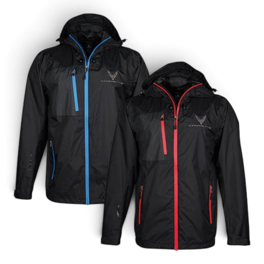 T-Top Vibes Corvette Stormtech lightweight ripstop jackets in black with blue or red zipper accents and C8 emblem.