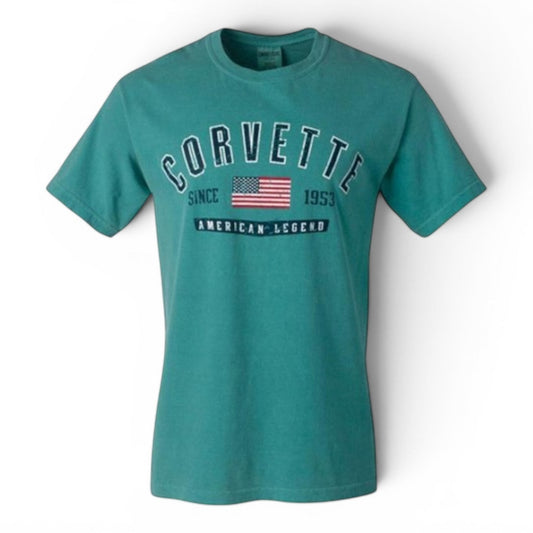 T-Top Vibes teal Corvette Allegiance graphic t-shirt with American flag and 1953 text print