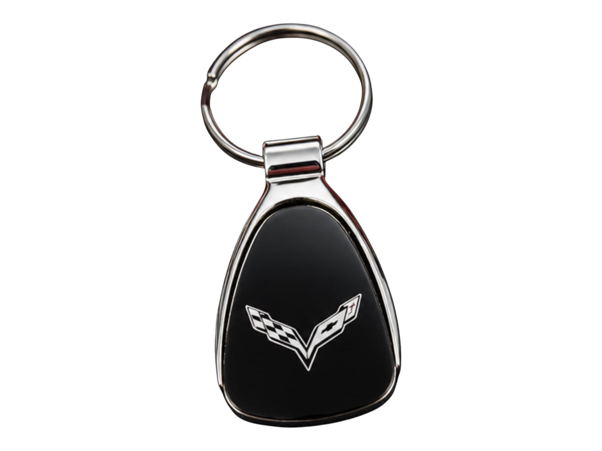 T-Top Vibes Corvette teardrop metal keychain with black inlay and polished chrome finish featuring crossed flags logo