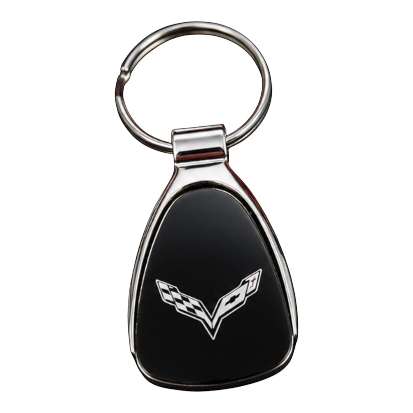 T-Top Vibes Corvette teardrop metal keychain with black inlay and polished chrome finish featuring crossed flags logo