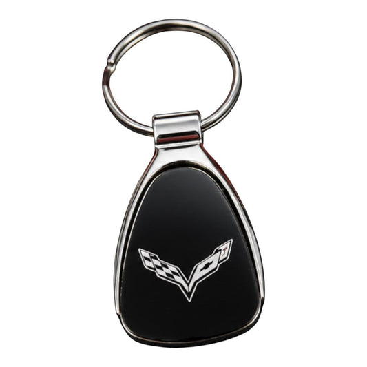 T-Top Vibes Corvette teardrop metal keychain with black inlay and polished chrome finish featuring crossed flags logo