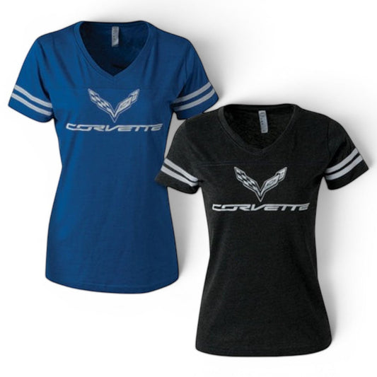 T-Top Vibes women's C7 Corvette V-neck jersey tees in blue and black with white sleeve stripes and logo graphics.