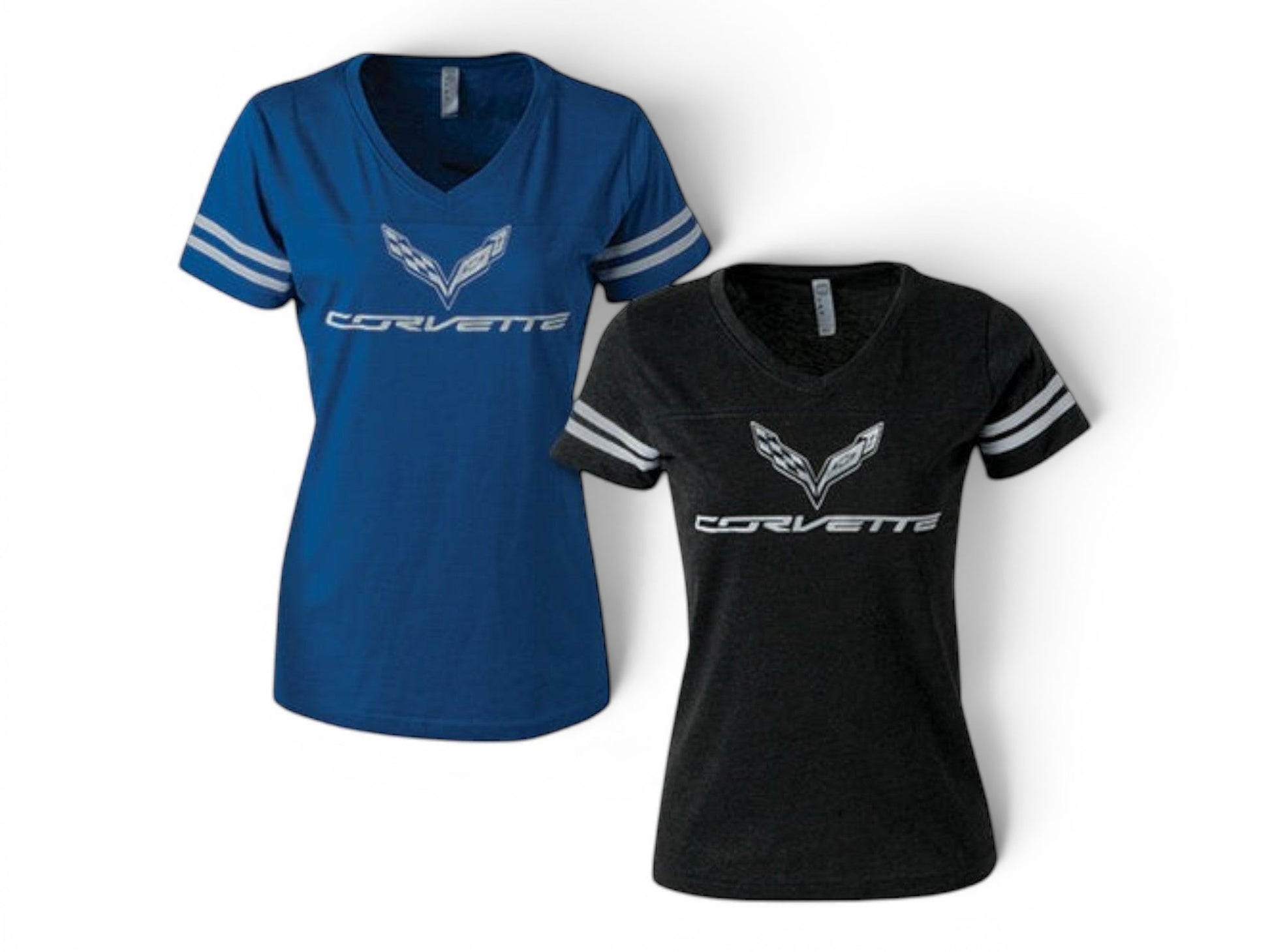 T-Top Vibes women's C7 Corvette V-neck jersey tees in blue and black with white sleeve stripes and logo graphics.