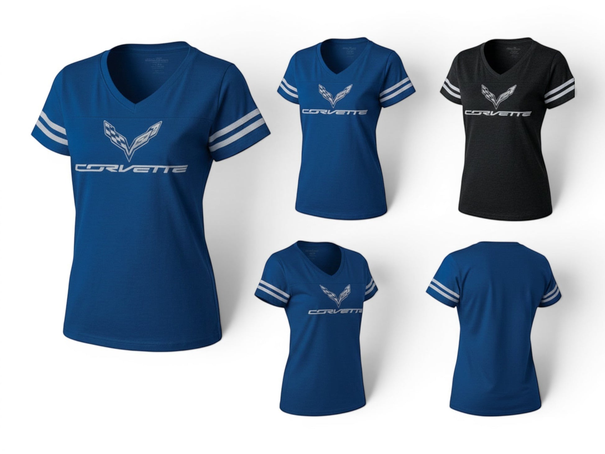 T-Top Vibes women's blue and black V-neck football jersey tees with white Corvette logo and sleeve stripes