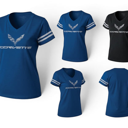 T-Top Vibes women's blue and black V-neck football jersey tees with white Corvette logo and sleeve stripes