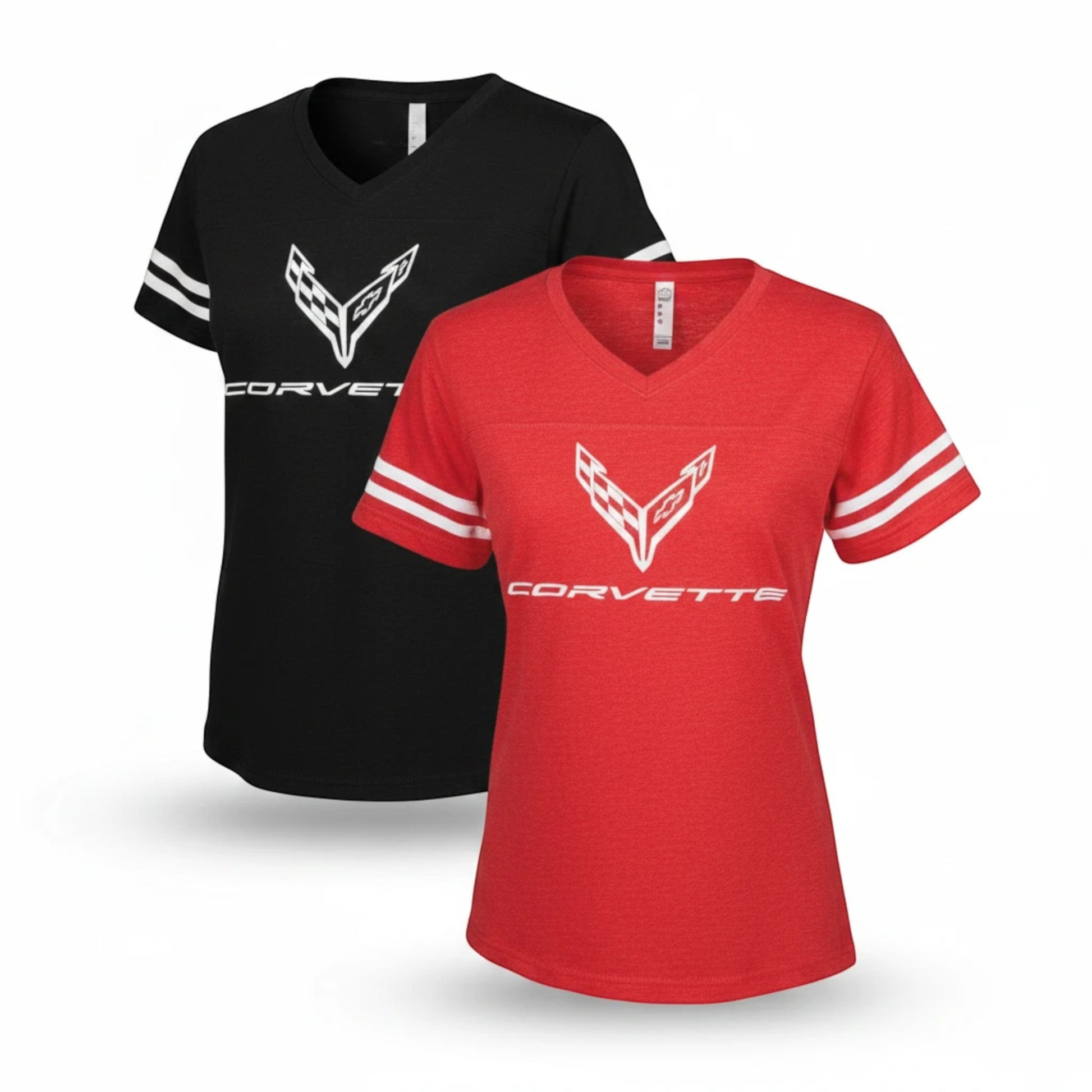 T-Top Vibes women's Corvette V-neck football-style T-shirts in black and red with white graphic and sleeve stripes.
