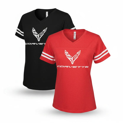 T-Top Vibes women's Corvette V-neck football-style T-shirts in black and red with white graphic and sleeve stripes.