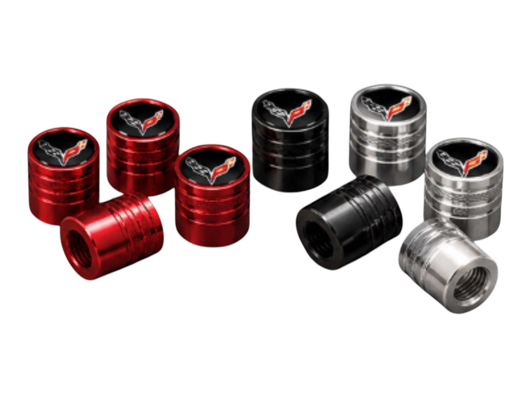 T-Top Vibes C8 Corvette billet aluminum valve stem caps in red, black, and silver with crossed-flags emblem.
