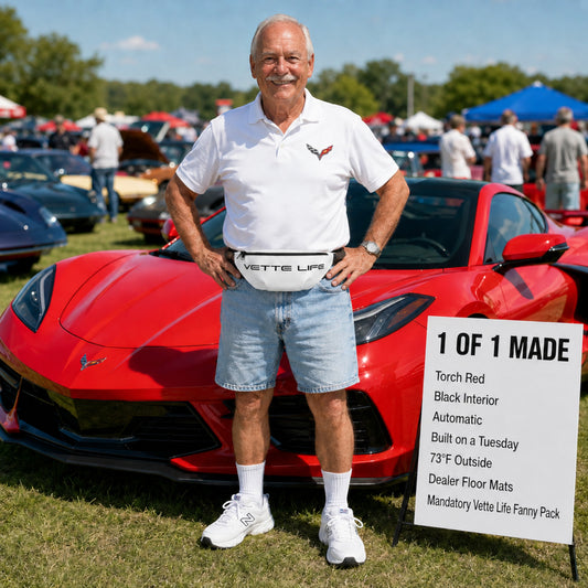 T-Top Vibes Corvette Vette Life white fanny pack worn by a man standing in front of a red sports car at a car show