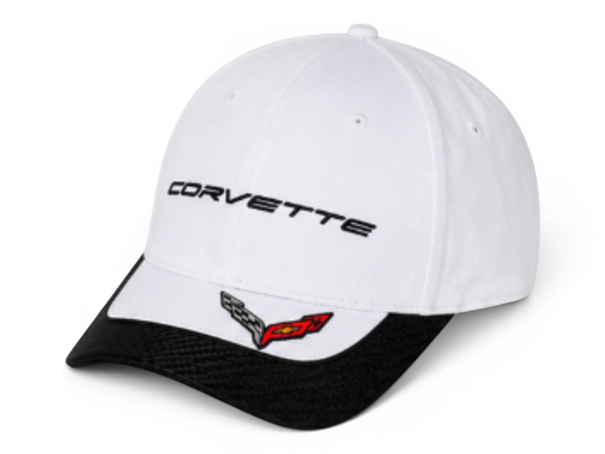 T-Top Vibes white Corvette baseball cap with black carbon-look bill, embroidered script, and C8 crossed-flags emblem.