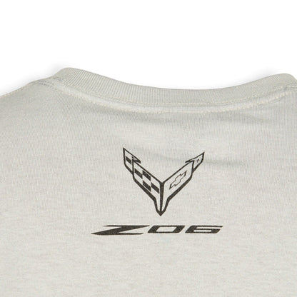 T-Top Vibes silver cotton t-shirt featuring a black Corvette crossed-flags emblem and Z06 logo on the upper back