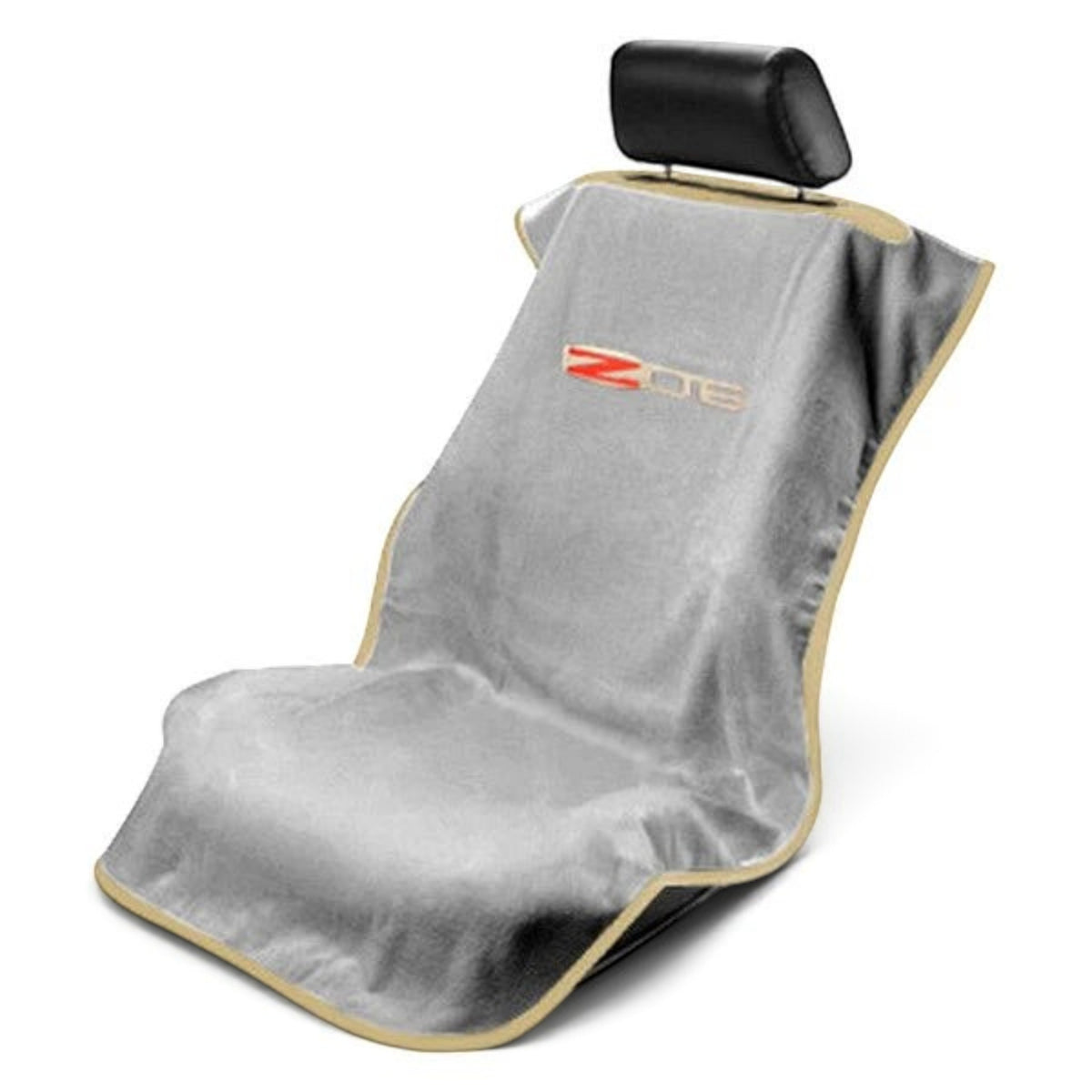 T-Top Vibes Corvette Z06 grey absorbent car seat towel cover with tan trim for vehicle seat protection