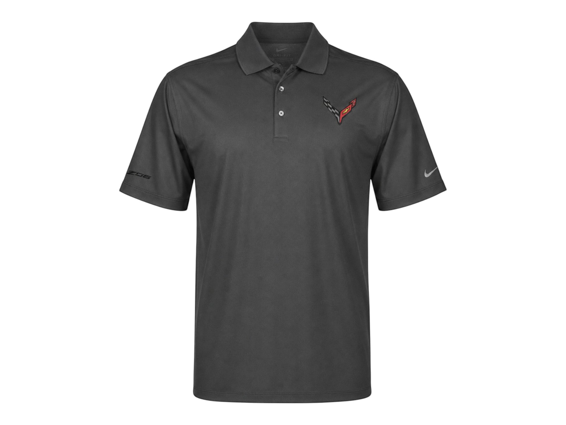 T-Top Vibes men's grey Nike Dri-FIT micro-pique polo with embroidered Corvette Z06 emblem and Nike Swoosh logo.