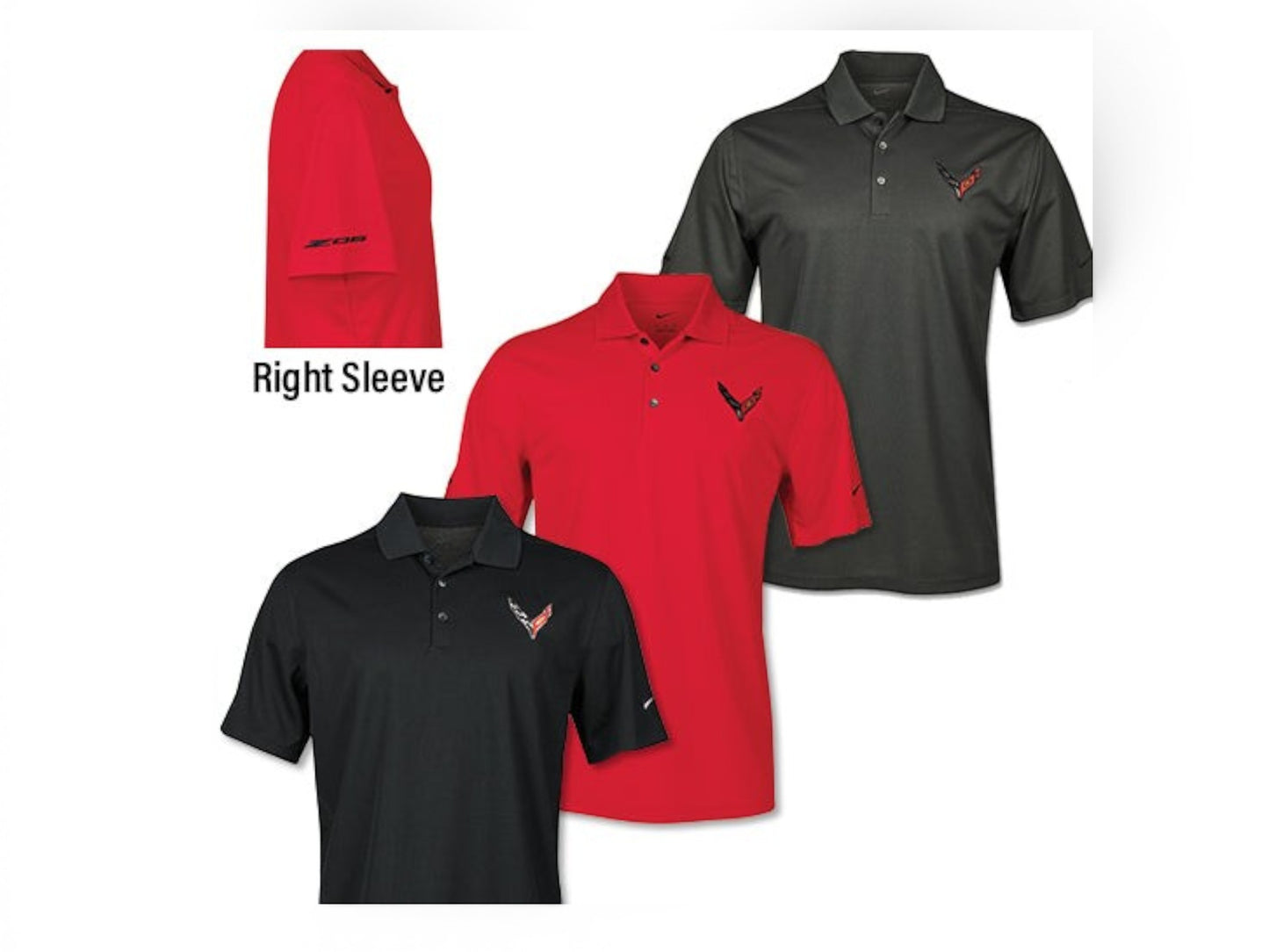 T-Top Vibes Corvette Z06 Nike Dri-FIT micro-pique polo shirts in black and red with embroidered chest and sleeve logos.