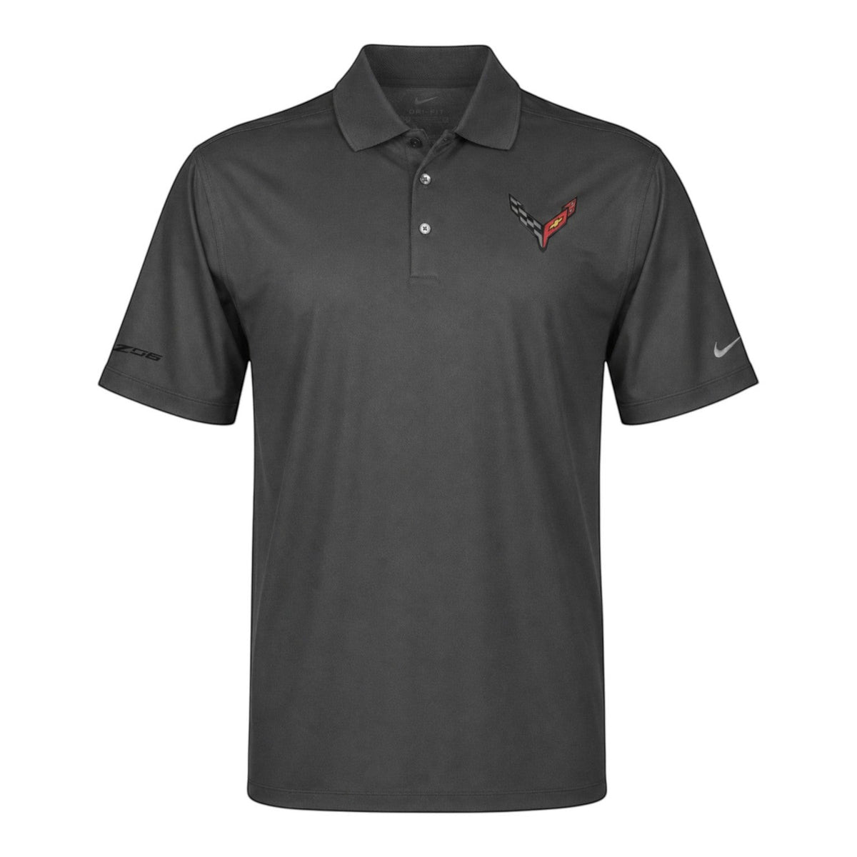 T-Top Vibes men's grey Nike Dri-FIT micro-pique polo with embroidered Corvette emblem and Z06 sleeve detail.