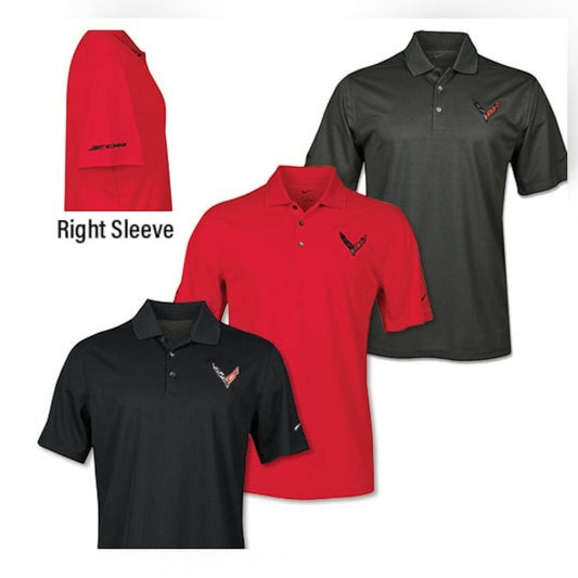 T-Top Vibes Corvette Z06 Nike Dri-FIT micro-pique polo shirts in black and red with embroidered chest and sleeve logos.