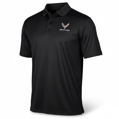 T-Top Vibes black Callaway performance polo with embroidered 2023 Corvette Z06 emblem and three-button placket