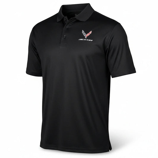 T-Top Vibes black Callaway performance polo with embroidered 2023 Corvette Z06 emblem and three-button placket