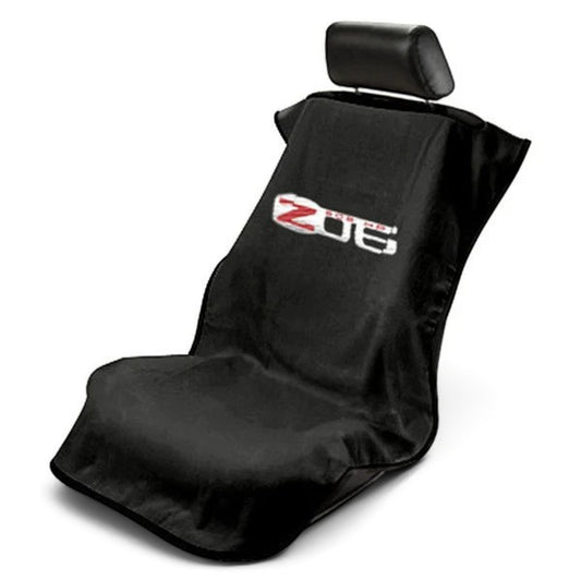 T-Top Vibes black Corvette Z06 car seat towel cover with embroidered logo for automotive seat protection