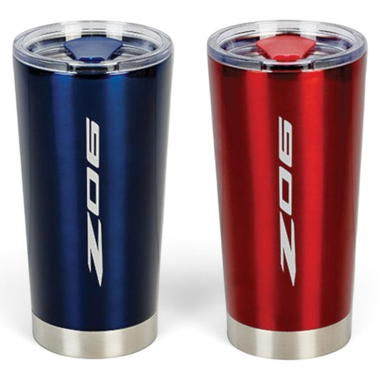T-Top Vibes 20 oz Corvette Z06 frost tumblers in blue and red with vertical logos and clear lids