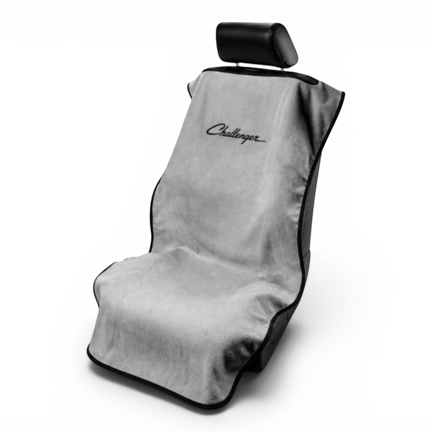 T-Top Vibes gray cotton terry velour Dodge Challenger car seat cover towel with black trim on a vehicle seat.