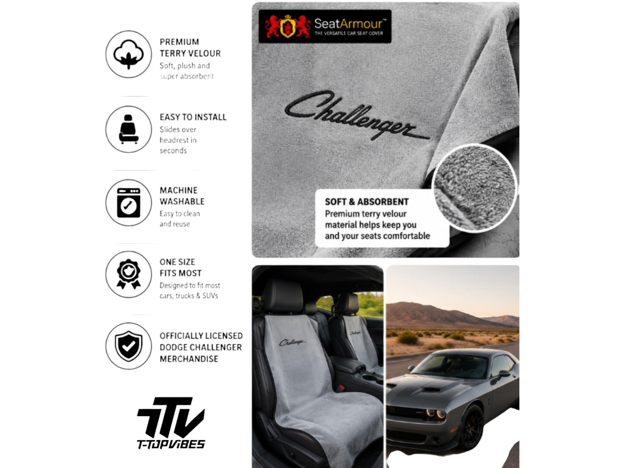 T-Top Vibes gray cotton terry velour Dodge Challenger seat cover towel with embroidered logo and installation features