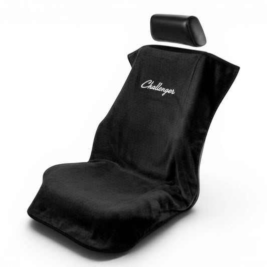T-Top Vibes black cotton terry velour car seat towel with white Challenger logo for universal vehicle fit