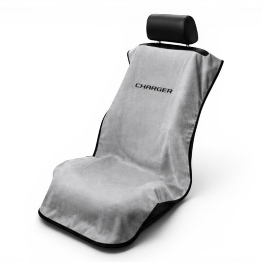 T-Top Vibes gray Dodge Charger cotton terry velour car seat towel protector with black trim on a vehicle seat